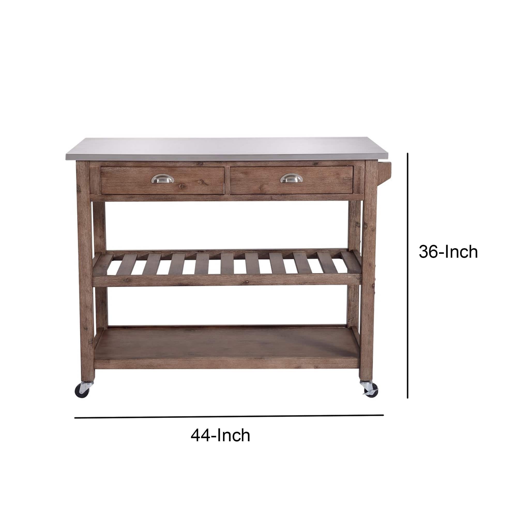 Benzara Kitchen & Dining Carts Benzara 2 Drawers Wooden Kitchen Cart with Metal Top and Casters, Gray and Brown