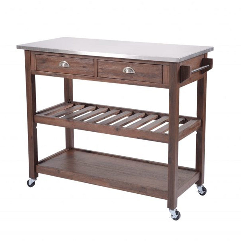 Benzara Kitchen & Dining Carts Benzara 2 Drawers Wooden Kitchen Cart with Metal Top and Casters, Gray and Brown