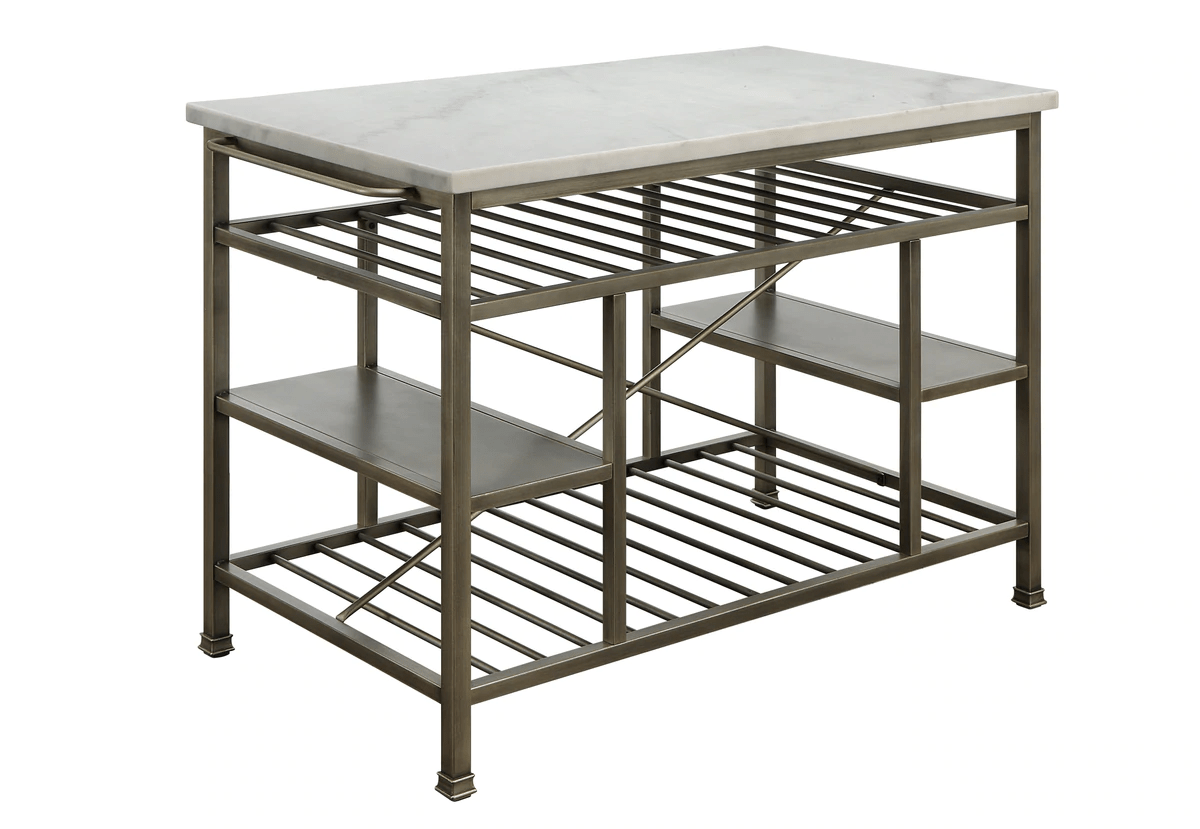 Benzara Kitchen Islands Benzara Marble Top Metal Kitchen Island with 2 Slated Shelves, Gray and White