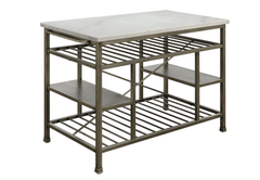 Benzara Kitchen Islands Benzara Marble Top Metal Kitchen Island with 2 Slated Shelves, Gray and White
