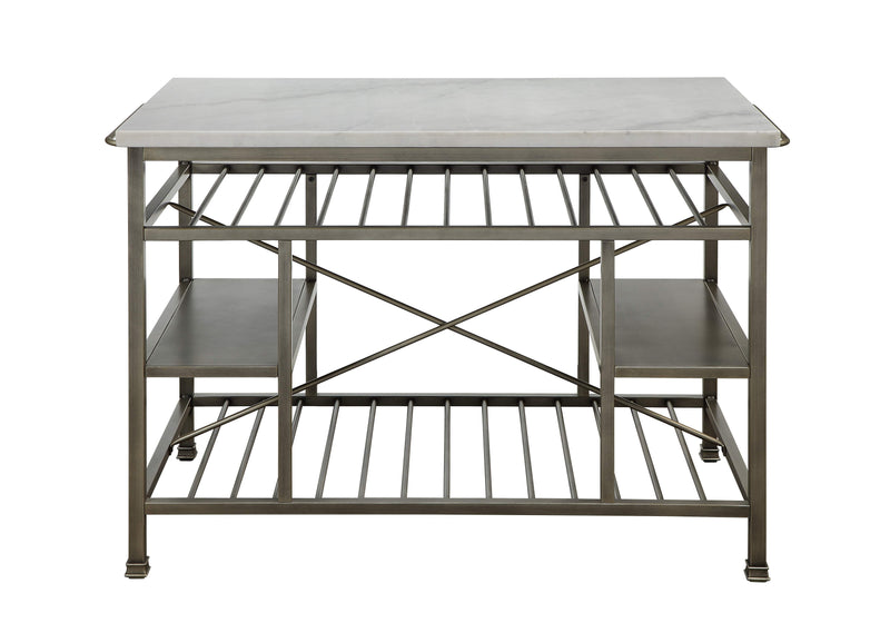Benzara Kitchen Islands Benzara Marble Top Metal Kitchen Island with 2 Slated Shelves, Gray and White