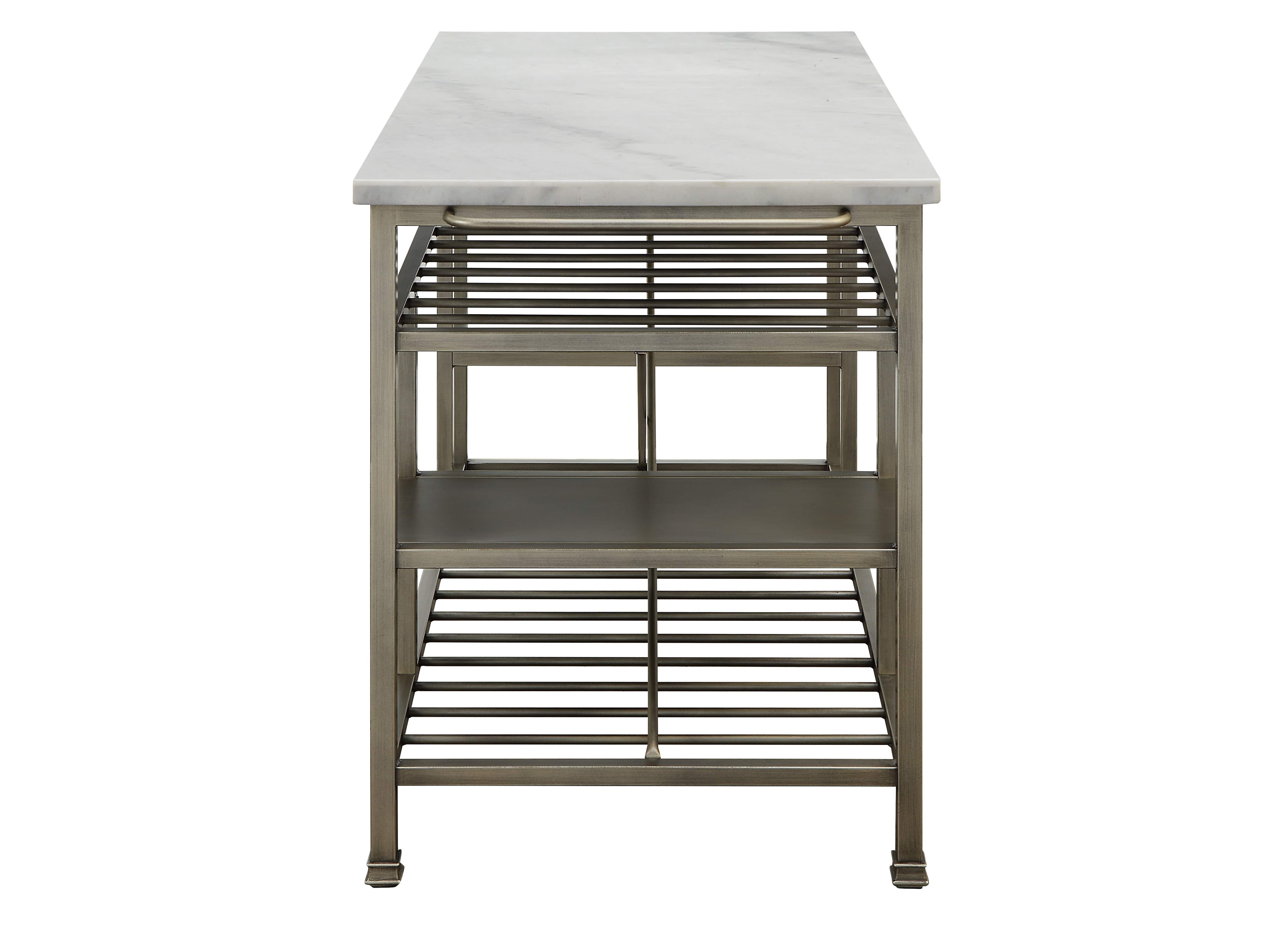 Benzara Kitchen Islands Benzara Marble Top Metal Kitchen Island with 2 Slated Shelves, Gray and White