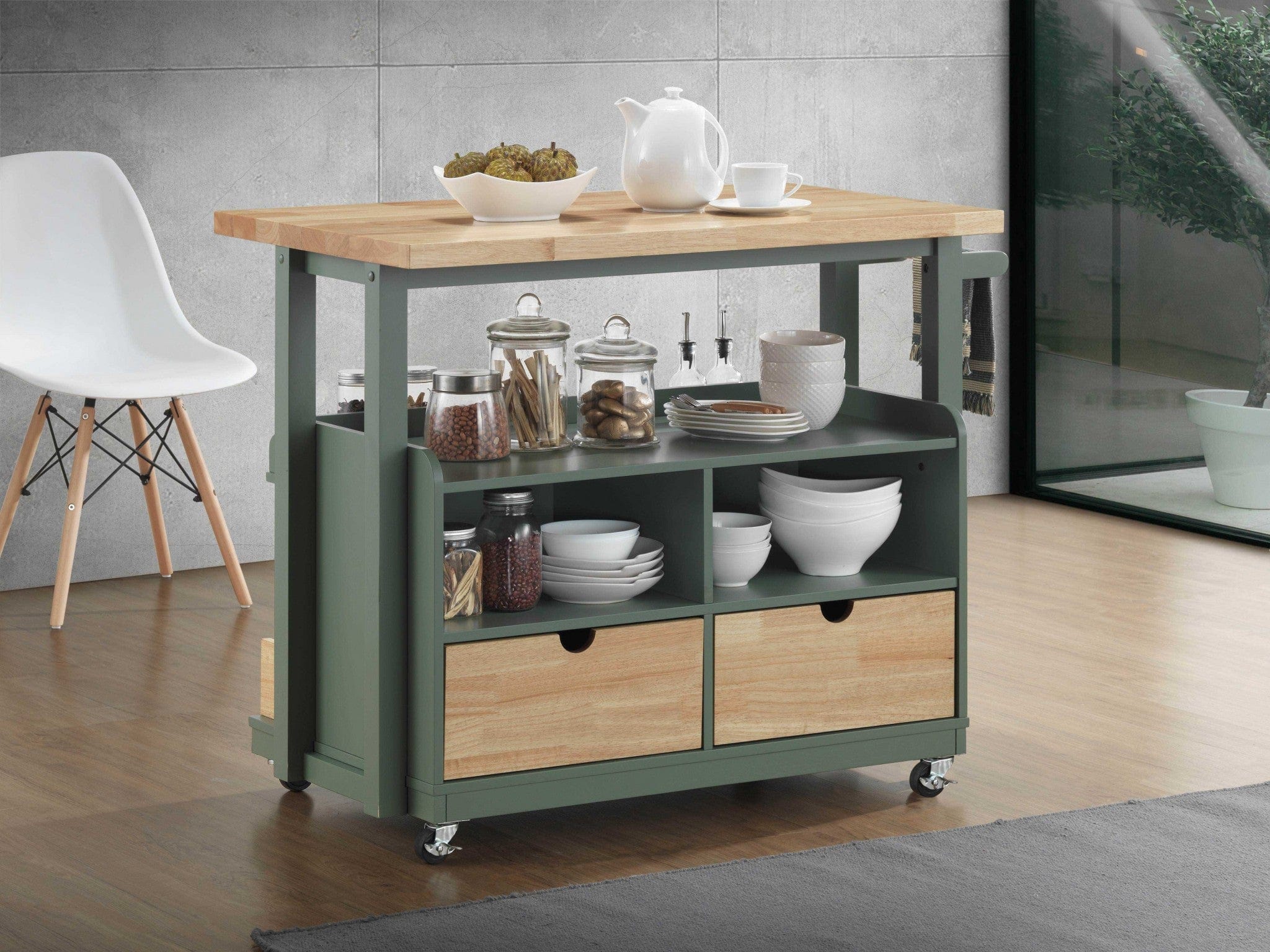 Homeroots Kitchen & Dining Carts Homeroots Natural Green Wood Casters Kitchen Cart