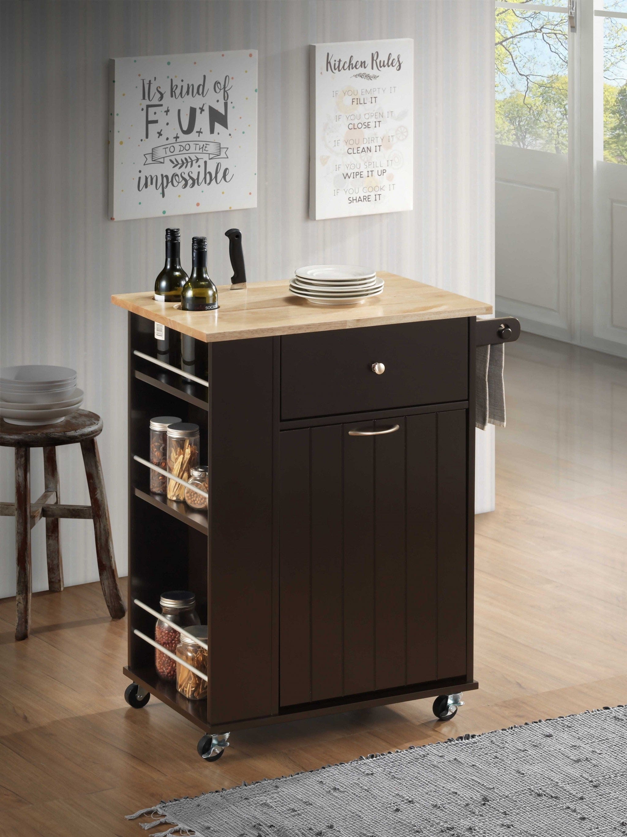 Homeroots Kitchen & Dining Carts Homeroots Natural Wenge Wood Casters Kitchen Cart