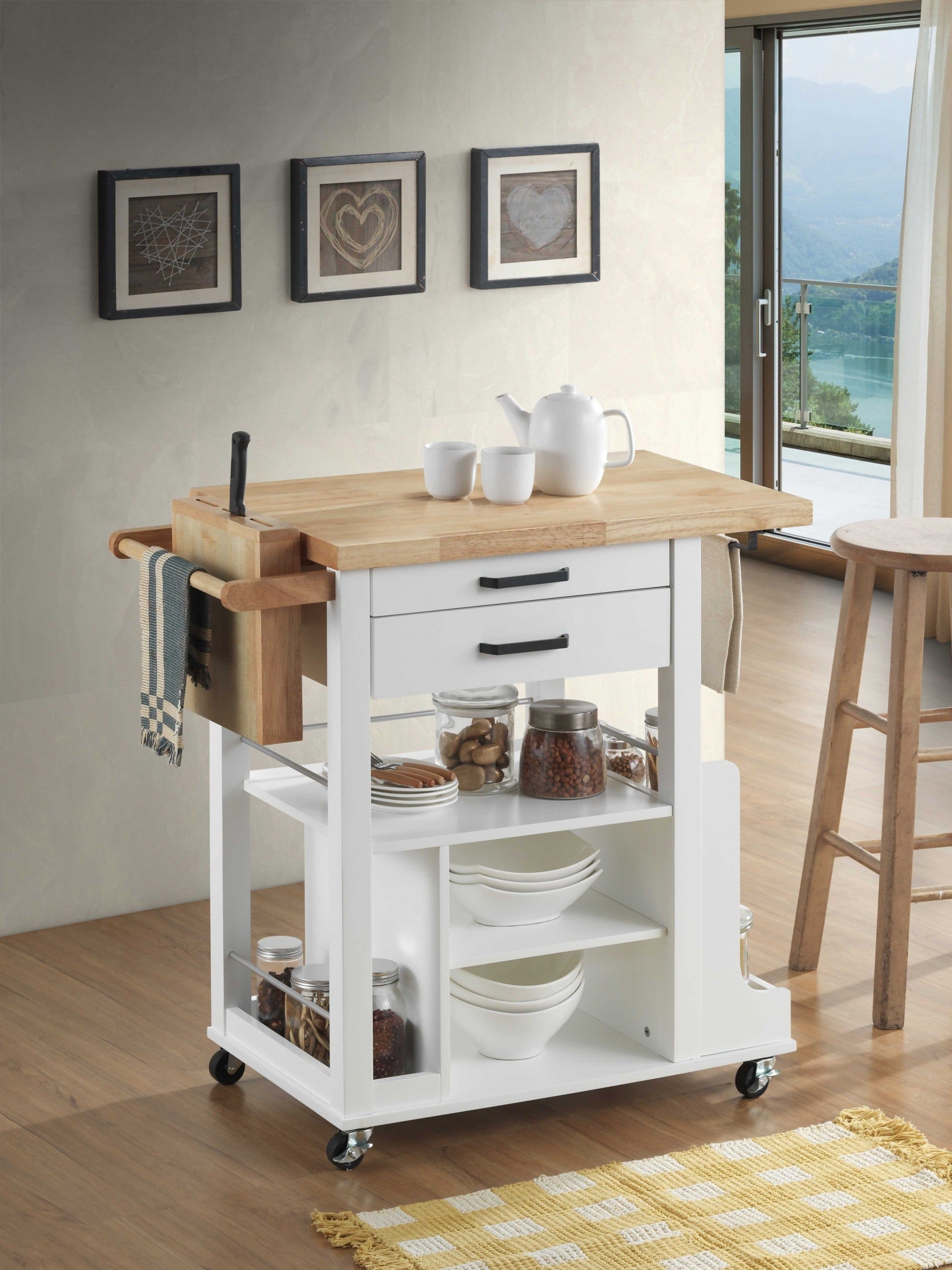 Homeroots Kitchen & Dining Carts Homeroots Natural White Wood Casters Kitchen Cart