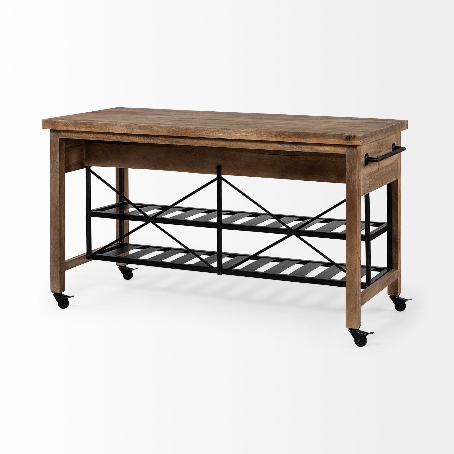 Homeroots Kitchen Islands Homeroots Brown Solid Wood Top Kitchen Island with Two Tier Black Metal Rolling