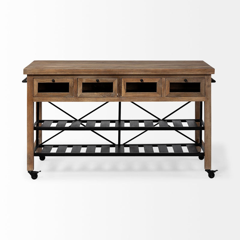Homeroots Kitchen Islands Homeroots Brown Solid Wood Top Kitchen Island with Two Tier Black Metal Rolling
