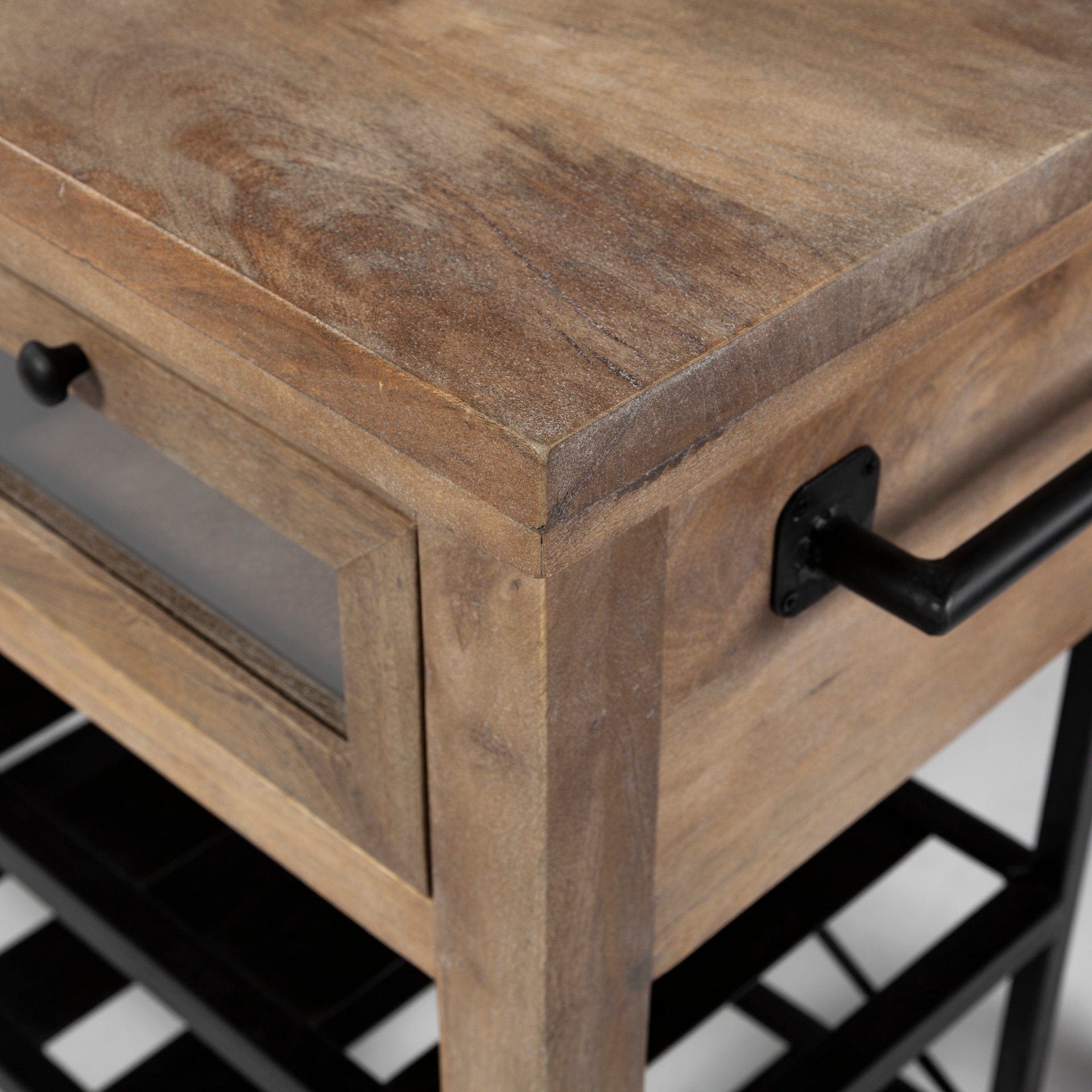 Homeroots Kitchen Islands Homeroots Brown Solid Wood Top Kitchen Island with Two Tier Black Metal Rolling