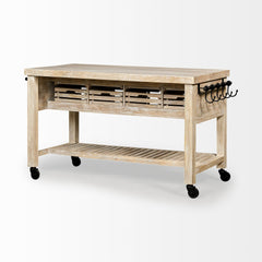 Homeroots Kitchen Islands Homeroots Light Brown Body Kitchen Island with Black Iron Knobs Rolling