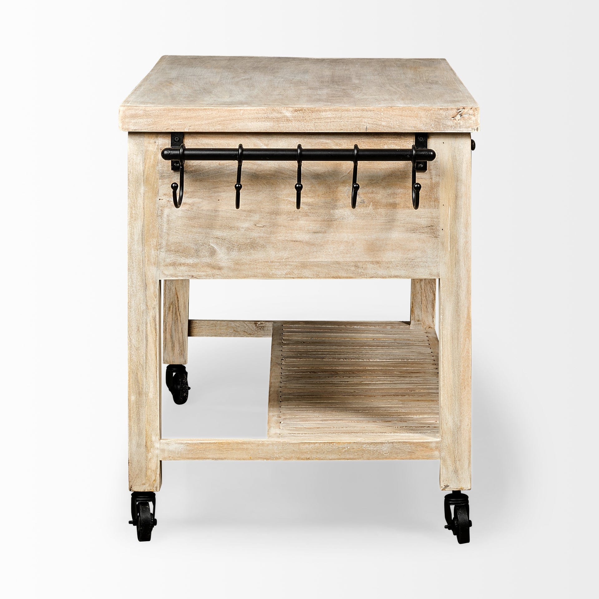 Homeroots Kitchen Islands Homeroots Light Brown Body Kitchen Island with Black Iron Knobs Rolling