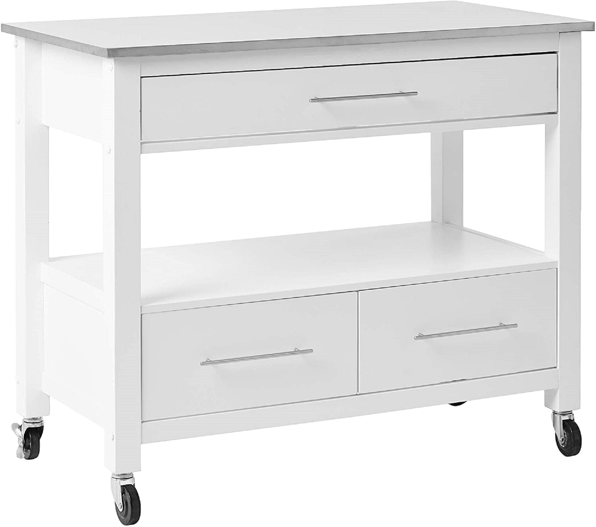 Homeroots Kitchen Islands Homeroots White and Stainless Rolling Kitchen Island or Bar Cart