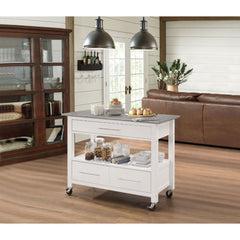 Homeroots Kitchen Islands Homeroots White and Stainless Rolling Kitchen Island or Bar Cart