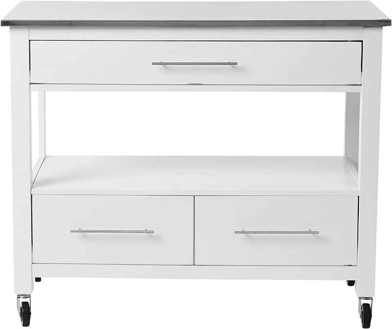 Homeroots Kitchen Islands Homeroots White and Stainless Rolling Kitchen Island or Bar Cart