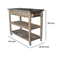 Benzara Kitchen & Dining Carts Benzara 2 Drawers Wooden Frame Kitchen Cart with Metal Top and Casters, Gray