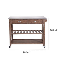 Benzara Kitchen & Dining Carts Benzara 2 Drawers Wooden Kitchen Cart with Metal Top and Casters, Gray and Brown