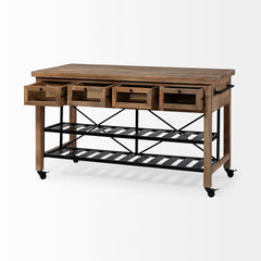 Homeroots Kitchen Islands Homeroots Brown Solid Wood Top Kitchen Island with Two Tier Black Metal Rolling