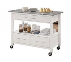 Homeroots Kitchen Islands Homeroots White and Stainless Rolling Kitchen Island or Bar Cart